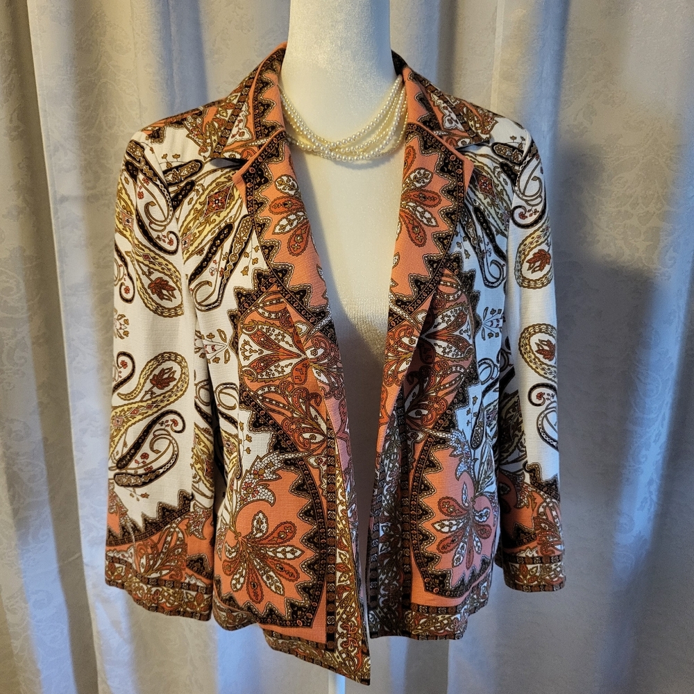 Talbots Swing Coat Blazer Paisley Print, Size 12, Orange, Multicolor, Classic